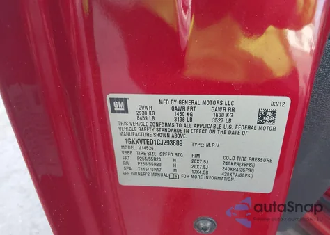 2012 GMC Acadia Denali z USA, uszkodzony, nr VIN 1GKKVTED1CJ293689